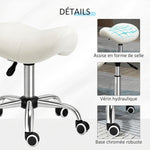 Rollhocker, Massagehocker mit höhenverstellbarer Sitzfläche 49-61 cm und ergonomischem Sattelsitz, 360° drehbarer Arbeitshocker auf Rollen, für Massage, Tattoo, Klinik, Spa, weiß