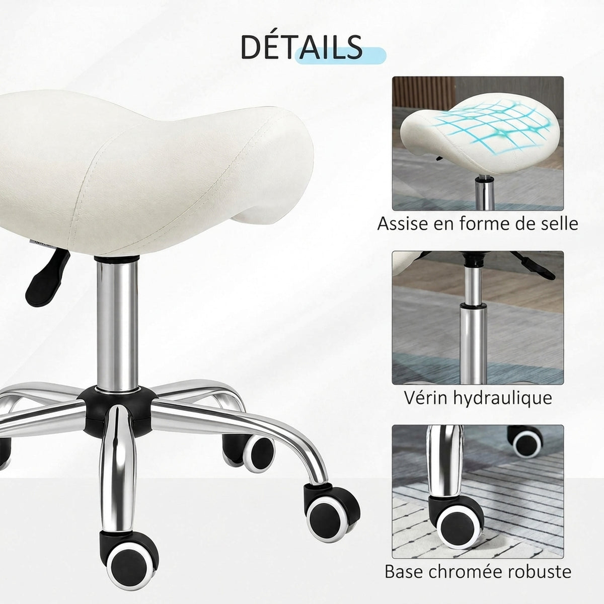 Rollhocker, Massagehocker mit höhenverstellbarer Sitzfläche 49-61 cm und ergonomischem Sattelsitz, 360° drehbarer Arbeitshocker auf Rollen, für Massage, Tattoo, Klinik, Spa, weiß