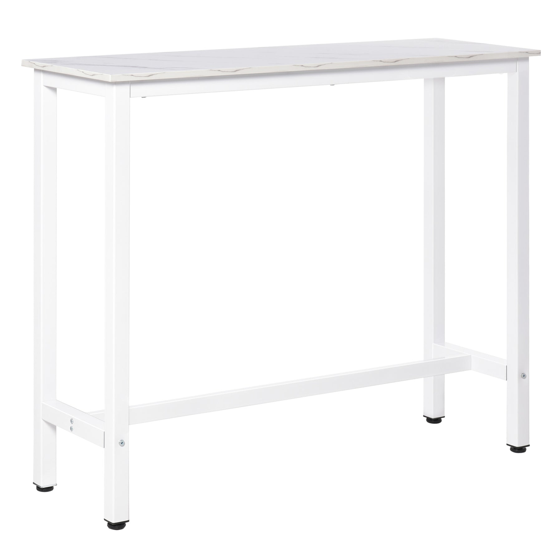 Table de bar table haute de cuisine mange-debout 120 x 40 x 100 cm châssis piètement acier, plateau aspect marbre blanc