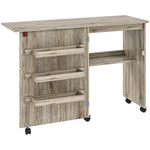 Table de couture pliante meuble couture à abattant avec bacs de rangement, étagère ouverte et roulettes effet bois grisé