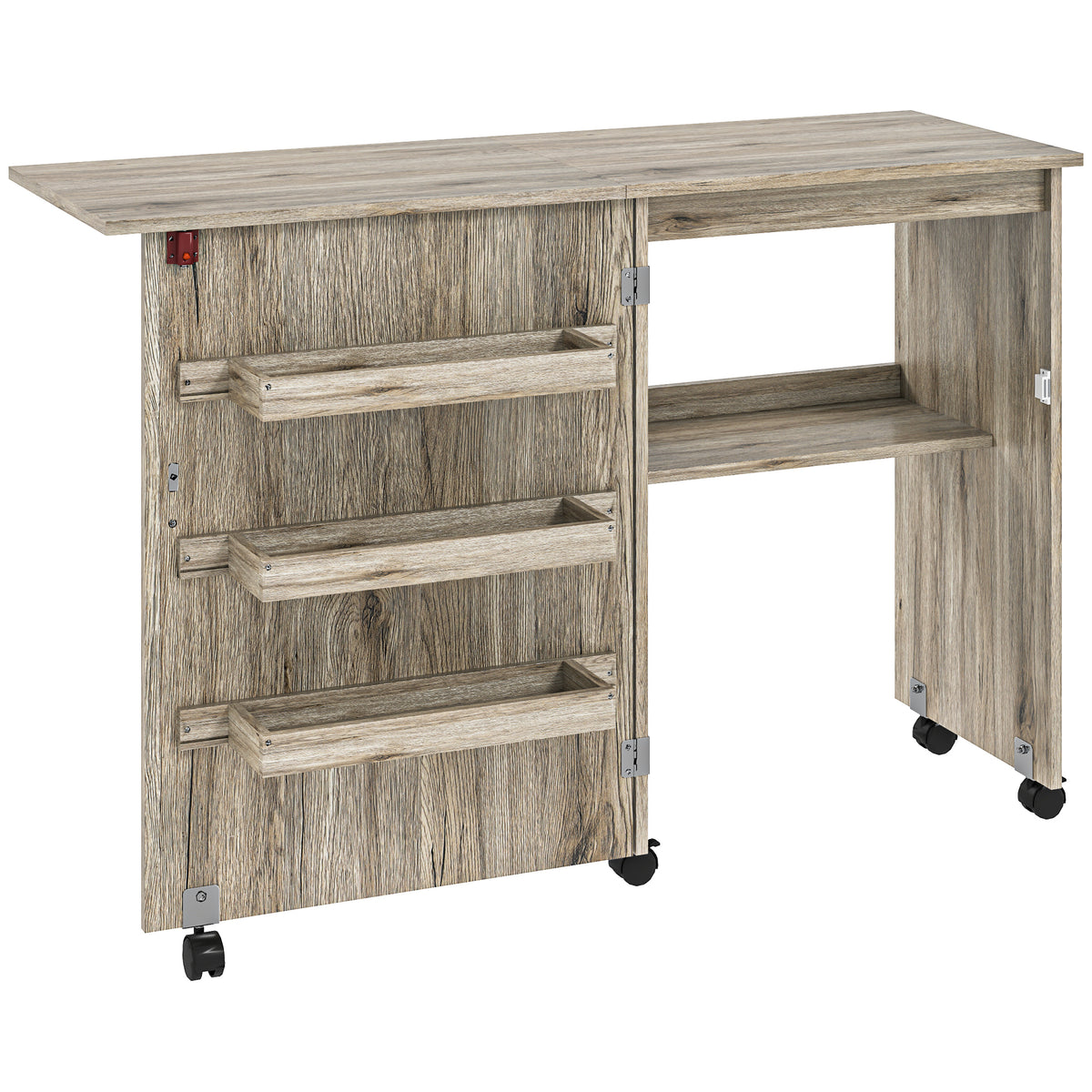 Table de couture pliante meuble couture à abattant avec bacs de rangement, étagère ouverte et roulettes effet bois grisé
