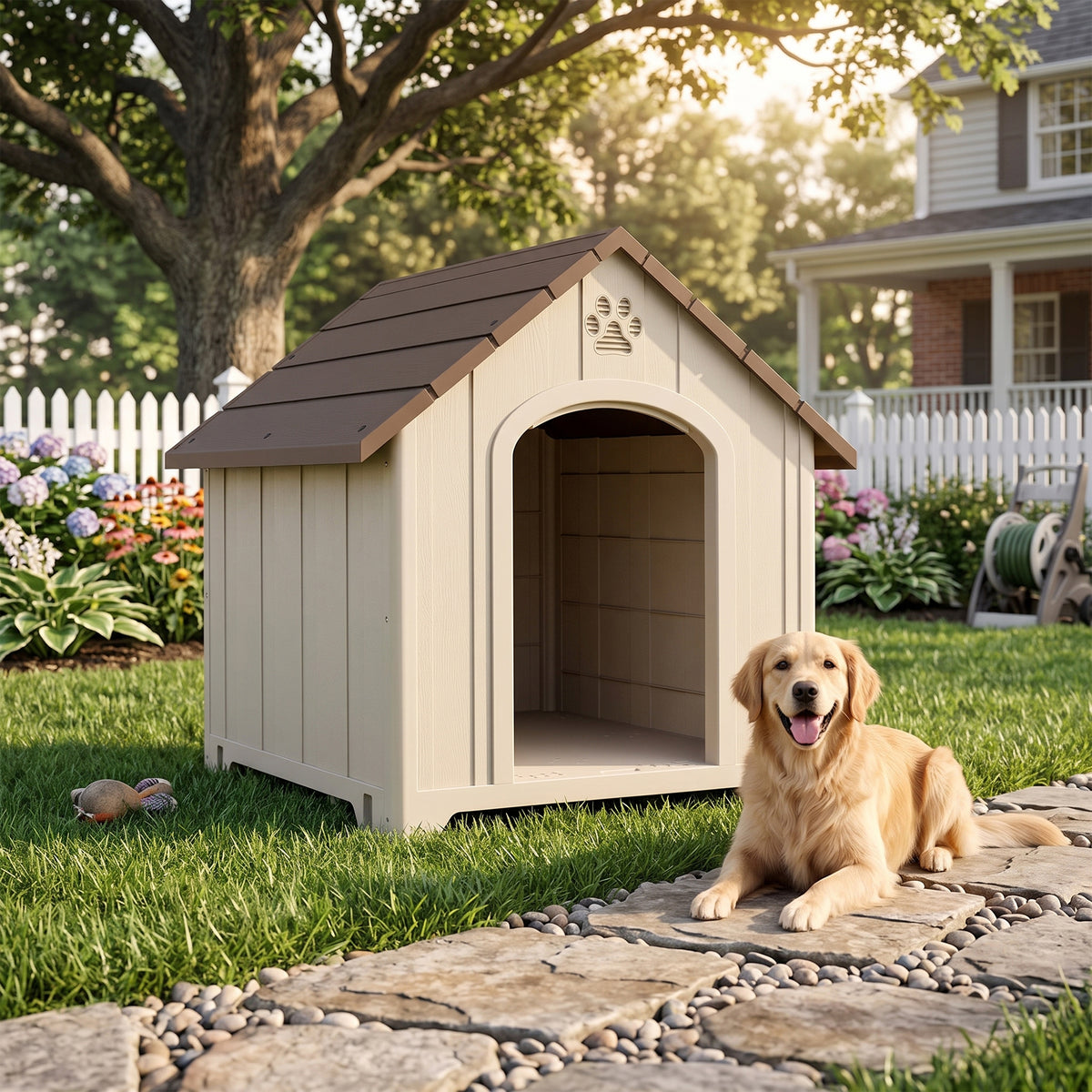 Hundehütte für den Außenbereich, wetterfeste Hundehütte aus Polypropylen, belüftet, erhöhter Boden, beige
