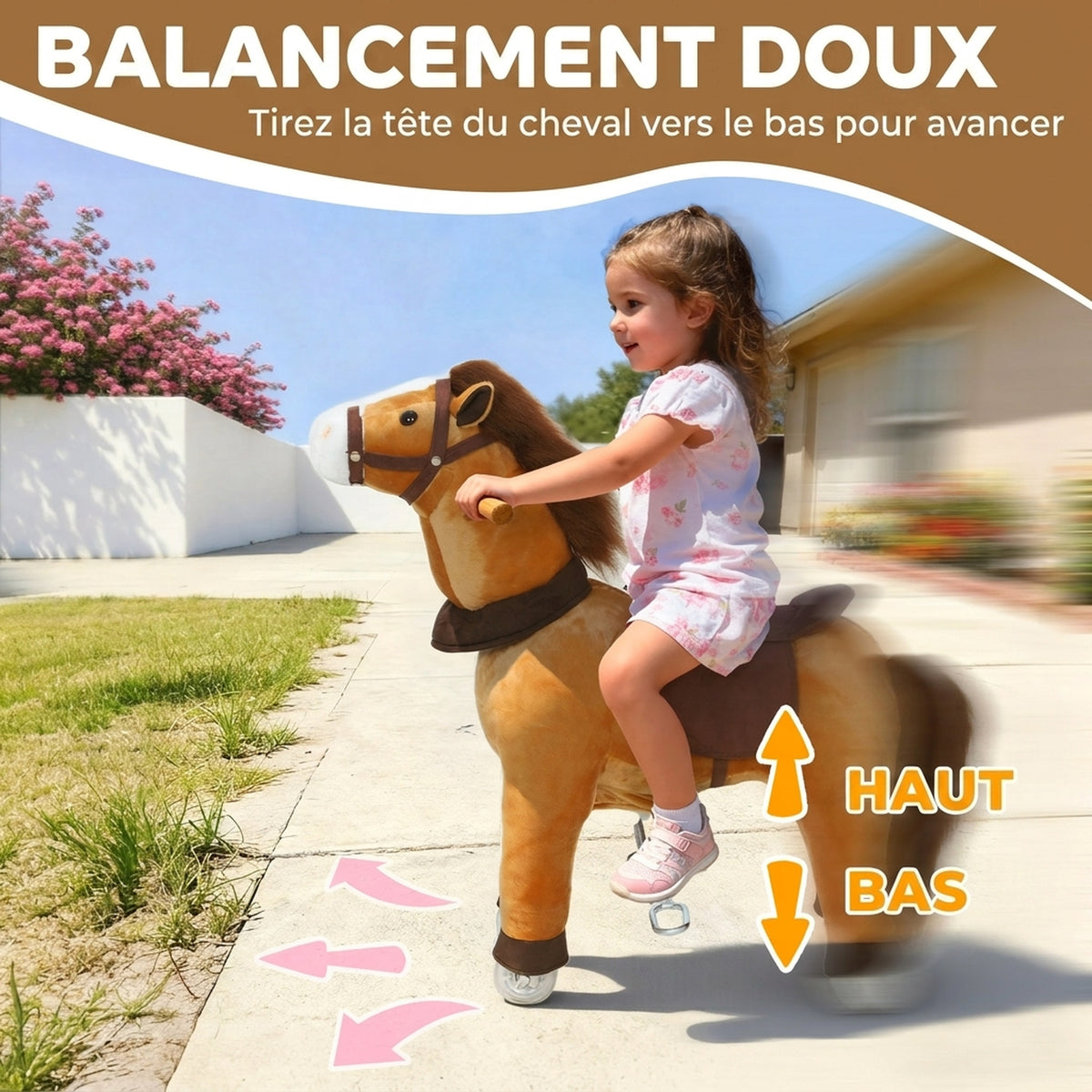 Cheval à Monter pour Enfant, Cheval à Roulettes en Peluche, Poignée, 75 cm de Haut, pour 3 à 5 Ans, Marron