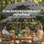 Eguzki-LEDak dituen lorategiko eguzkitakoa, 32 LED-lanpara, biradera, UV 50+ babesa eta babes-zorroa, Ø 295 cm, grisa
