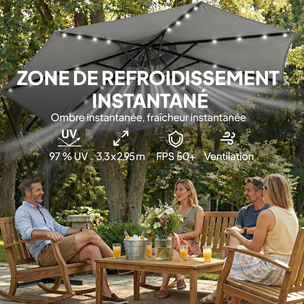 Eguzki-LEDak dituen lorategiko eguzkitakoa, 32 LED-lanpara, biradera, UV 50+ babesa eta babes-zorroa, Ø 295 cm, grisa