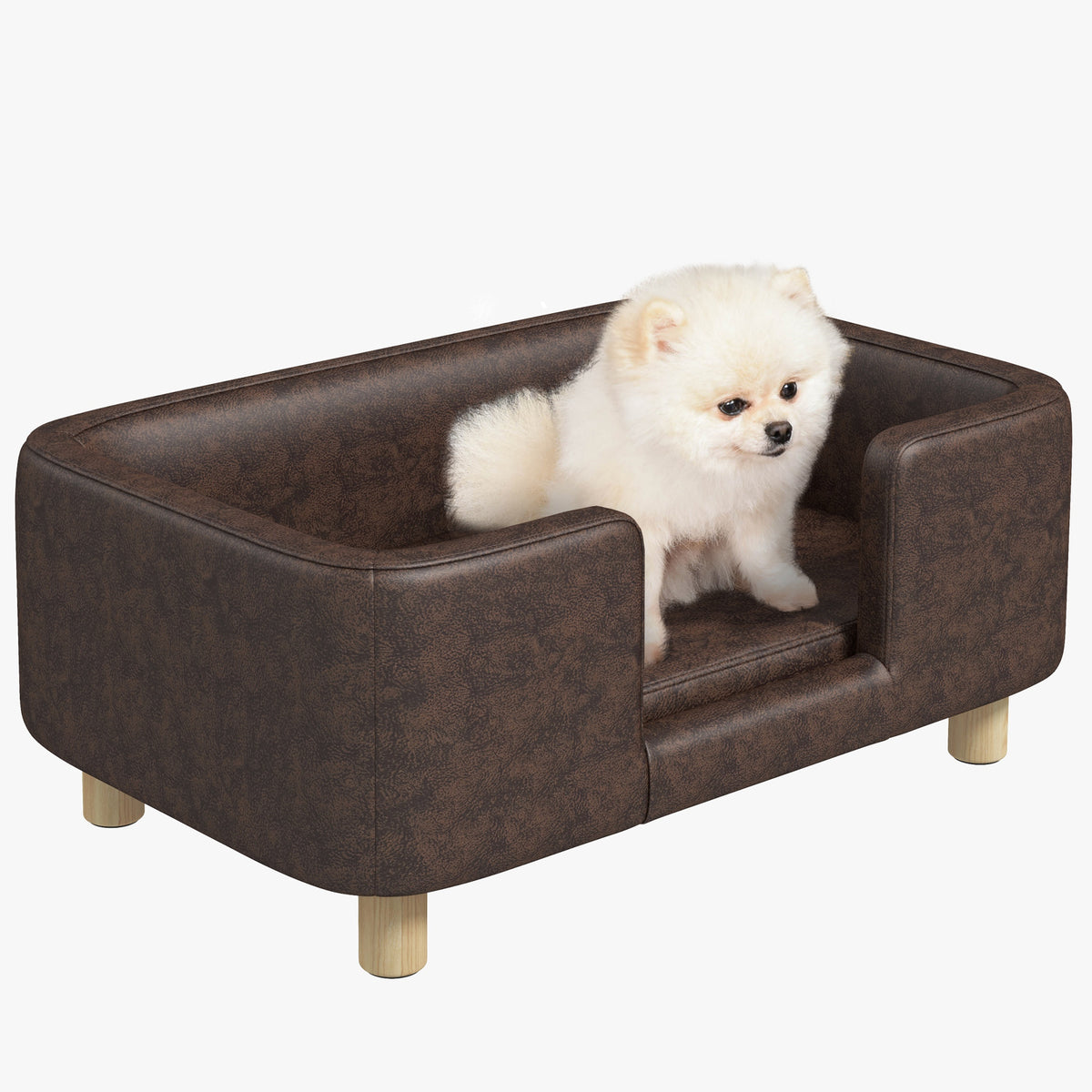 Dog sofa, dog and cat bed with rim, plush cushion, solid wood legs, dim. 74 x 48.5 x 31 cm, chocolate microfiber upholstery