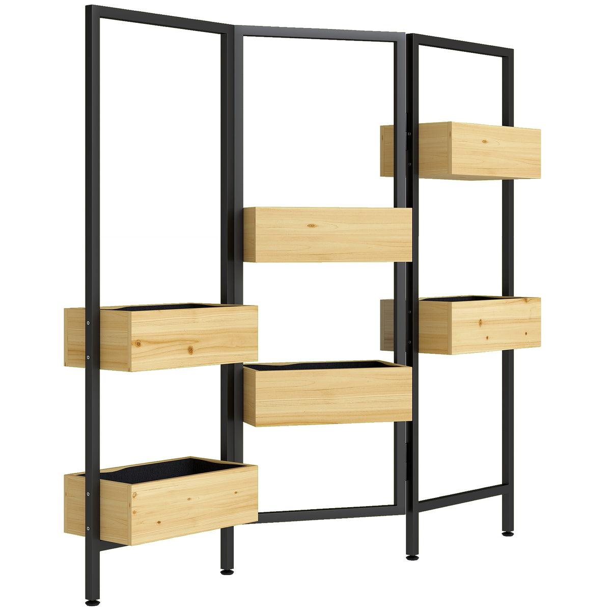 Séparateur de pièce avec 6 bacs, paravent extérieur pliable à 3 panneaux avec trou de drainage et doublure, bois naturel