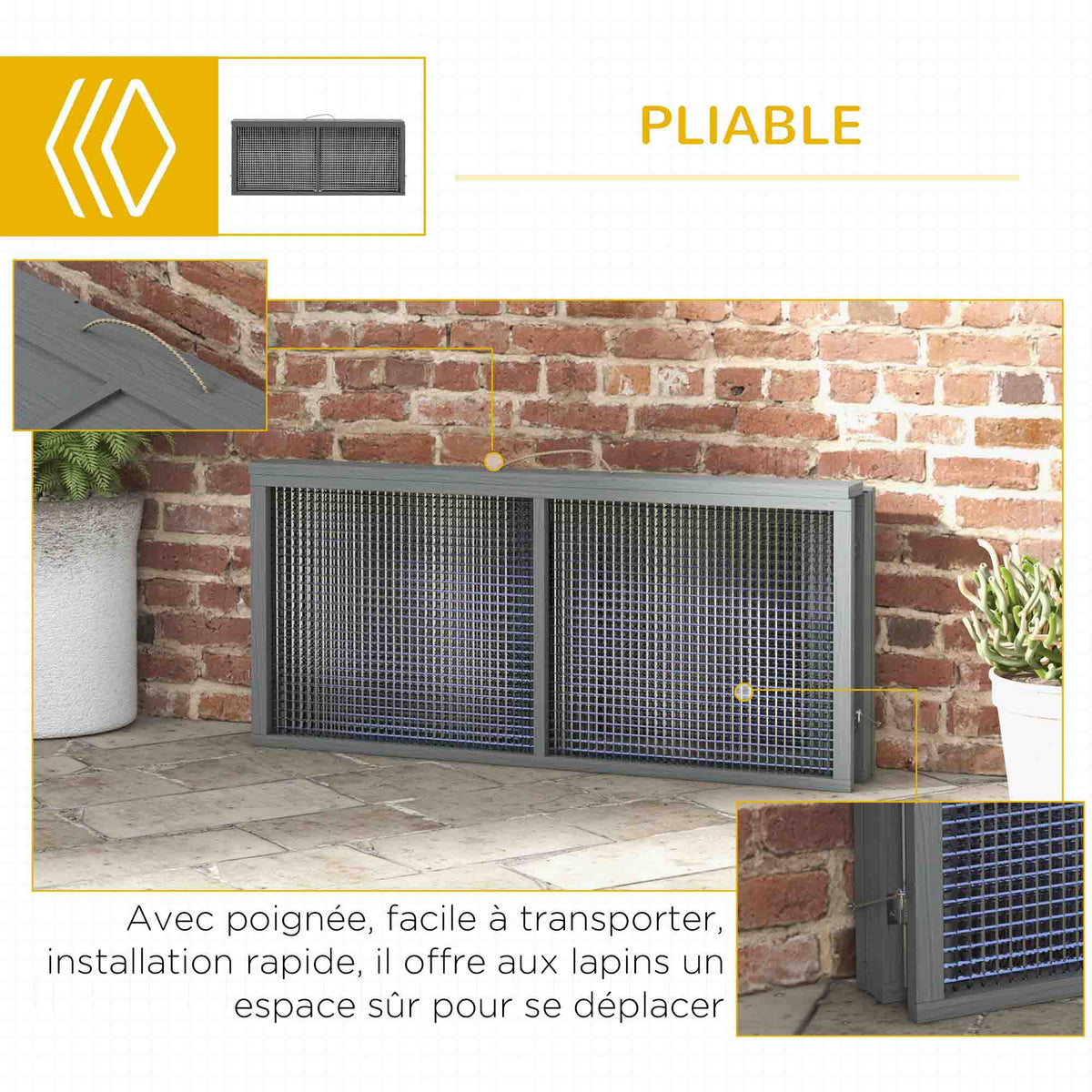 Clapier à lapins cage lapin pliable avec poignée dessus ouvrable pour 2 à 3 lapins cochons d'inde 110 x 105 x 50 cm gris