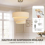 Suspension Luminaire à 3 Abat-Jour Effet Lin, Ampoule Non Incluse E14 40 W, Câble Réglable, Rosace Dorée, Beige