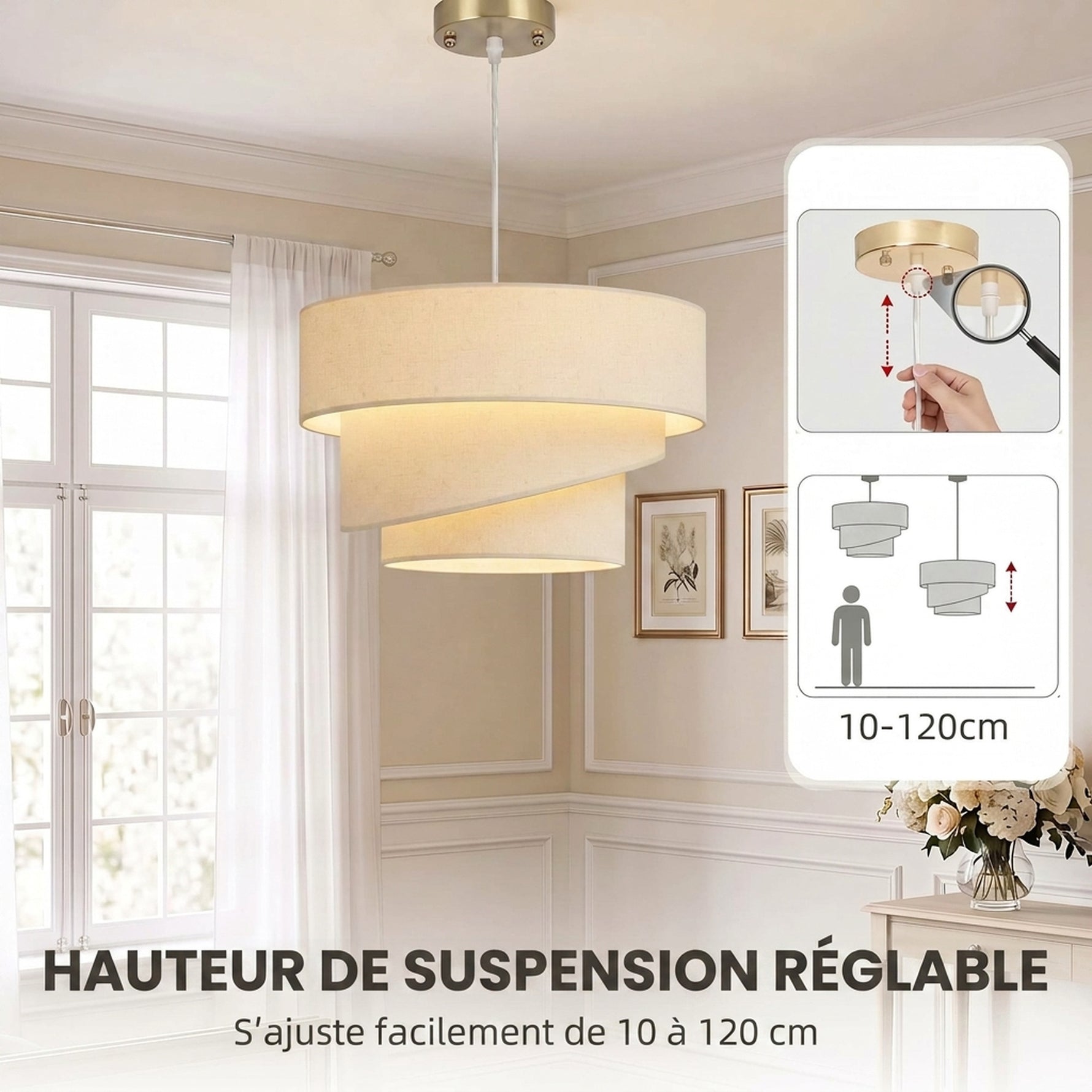 Suspension Luminaire à 3 Abat-Jour Effet Lin, Ampoule Non Incluse E14 40 W, Câble Réglable, Rosace Dorée, Beige