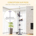 Arbre chat du sol au plafond poteau à griffer L40 x l 34 x H 230-260 cm 5 niveaux d'activités gris