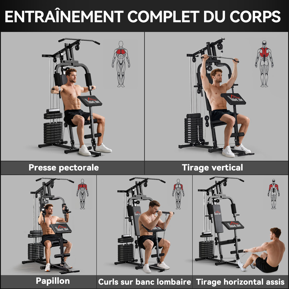 Stazione Multifunzione con Pacco Pesi da 65 kg, Doppia Carrucola, Nero