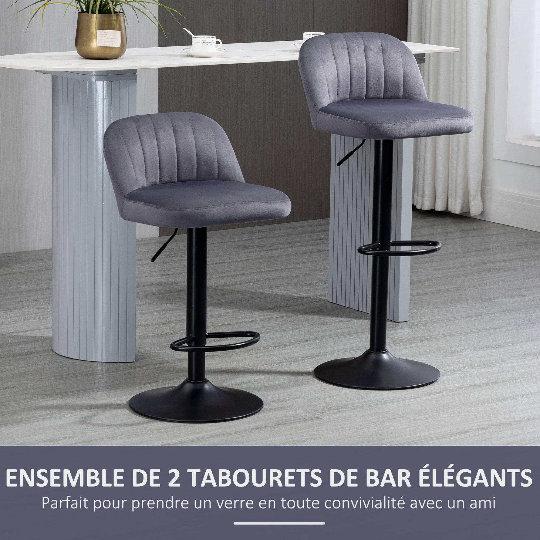 Lot de 2 tabourets de bar design contemporain avec repose-pieds hauteur réglable et pivotant gris