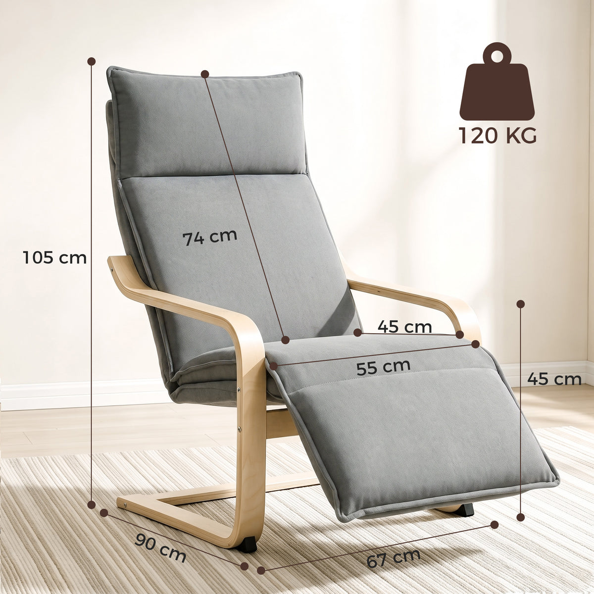 Fauteuil Salon, Fauteuil d'Appoint Rembourré en Lin avec Repose-Pieds, Assise Large, Bascule Douce, Dossier Haut, Gris