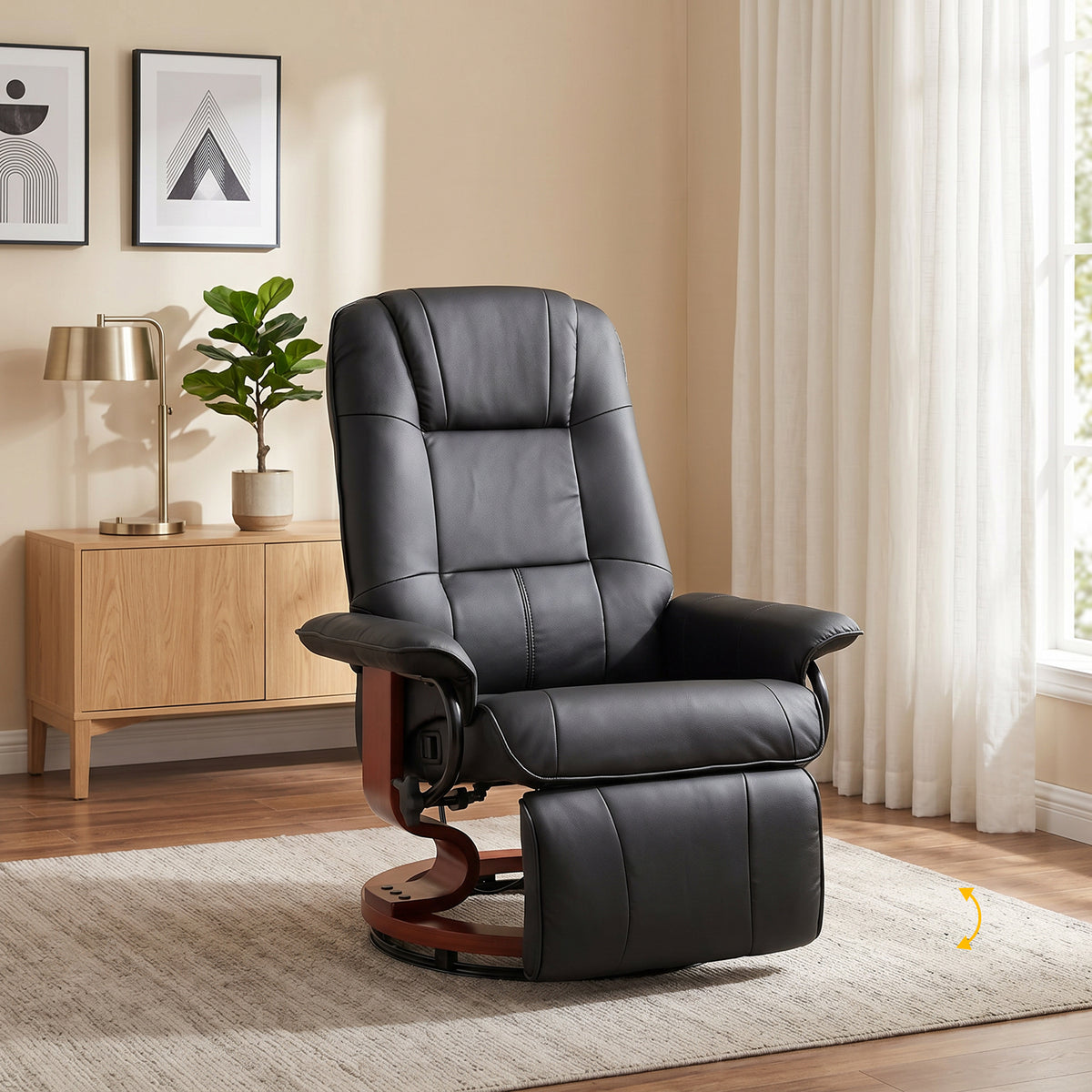 Fauteuil Relax Inclinable, Fauteuil de Salon, Repose-Pieds Réglable, Pivotant 360°, Piètement Bois, Revêtement Synthétique, Noir