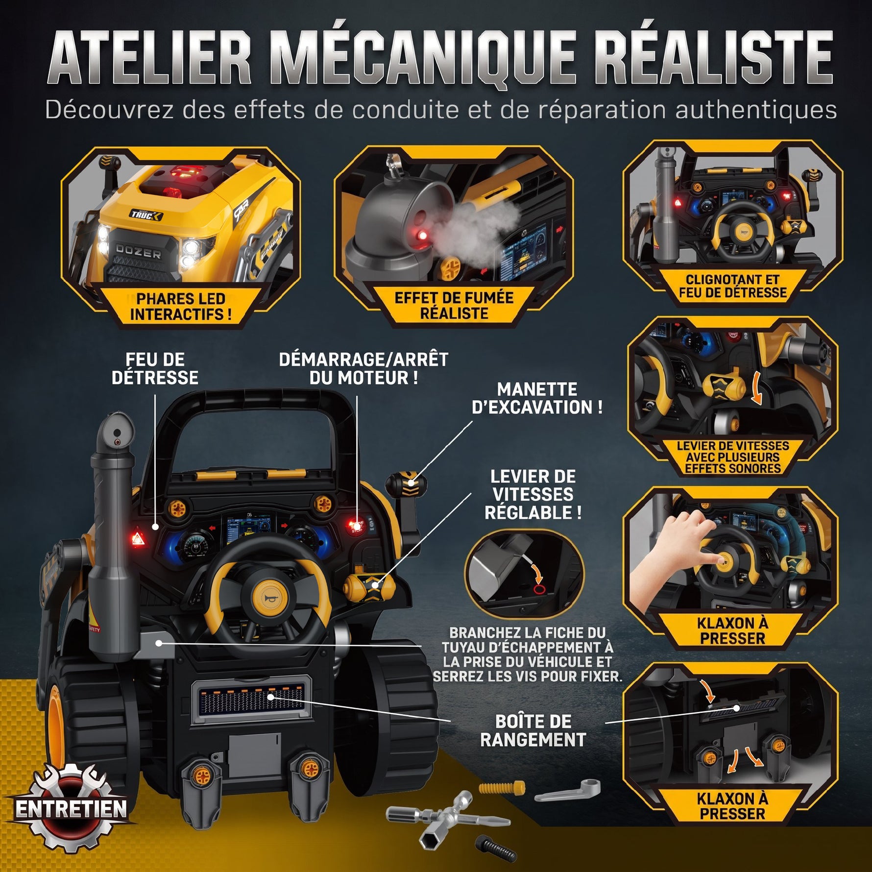 Jouet Moteur de Camion et Pelle pour Enfants, Camion Mécano, Volant, Effet de Brume, Sonores et Lumineux, 3-6 Ans, Jaune