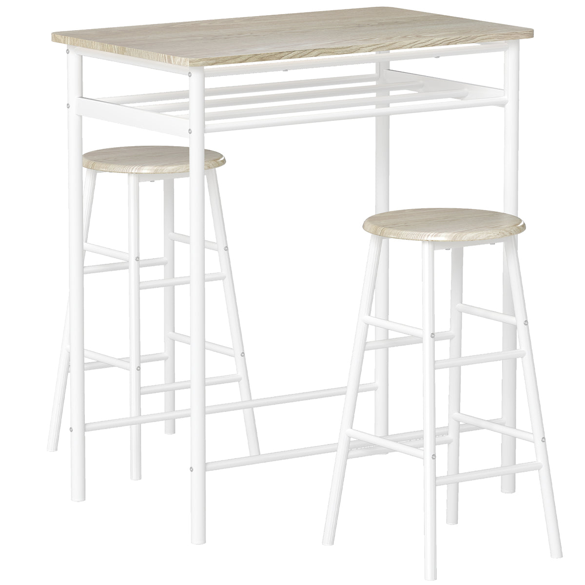 Ensemble table de bar avec tabourets, table à manger debout avec 2 chaises, étagère et pieds en métal, 80x50x90cm, blanc