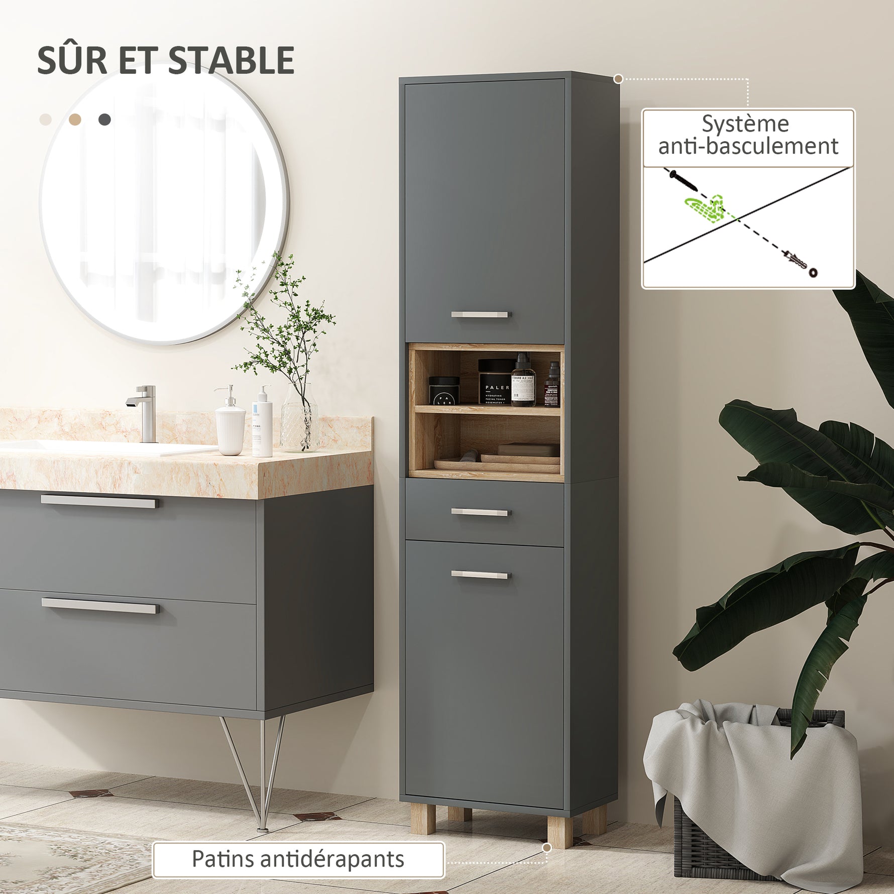 Colonne salle de bain, meuble salle de bain rangement avec 2 placards, tiroir et 2 compartiments ouverts, gris