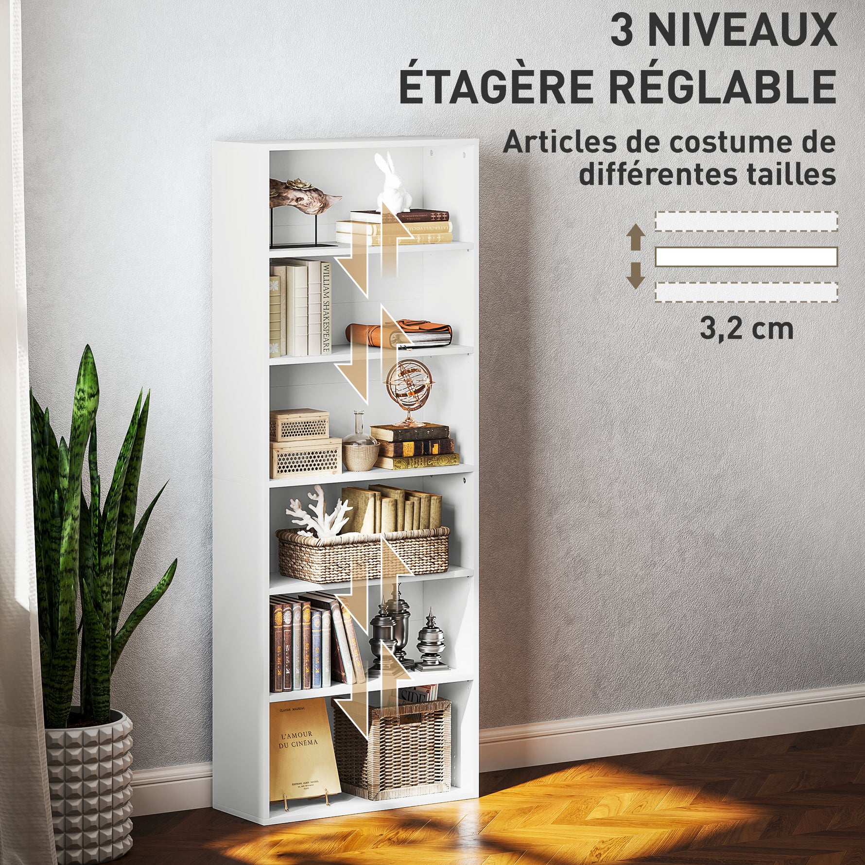 Bibliothèque étagère de rangement 6 niveaux avec étagères réglables pour salon, chambre, bureau, 60x24x158,5cm, blanc
