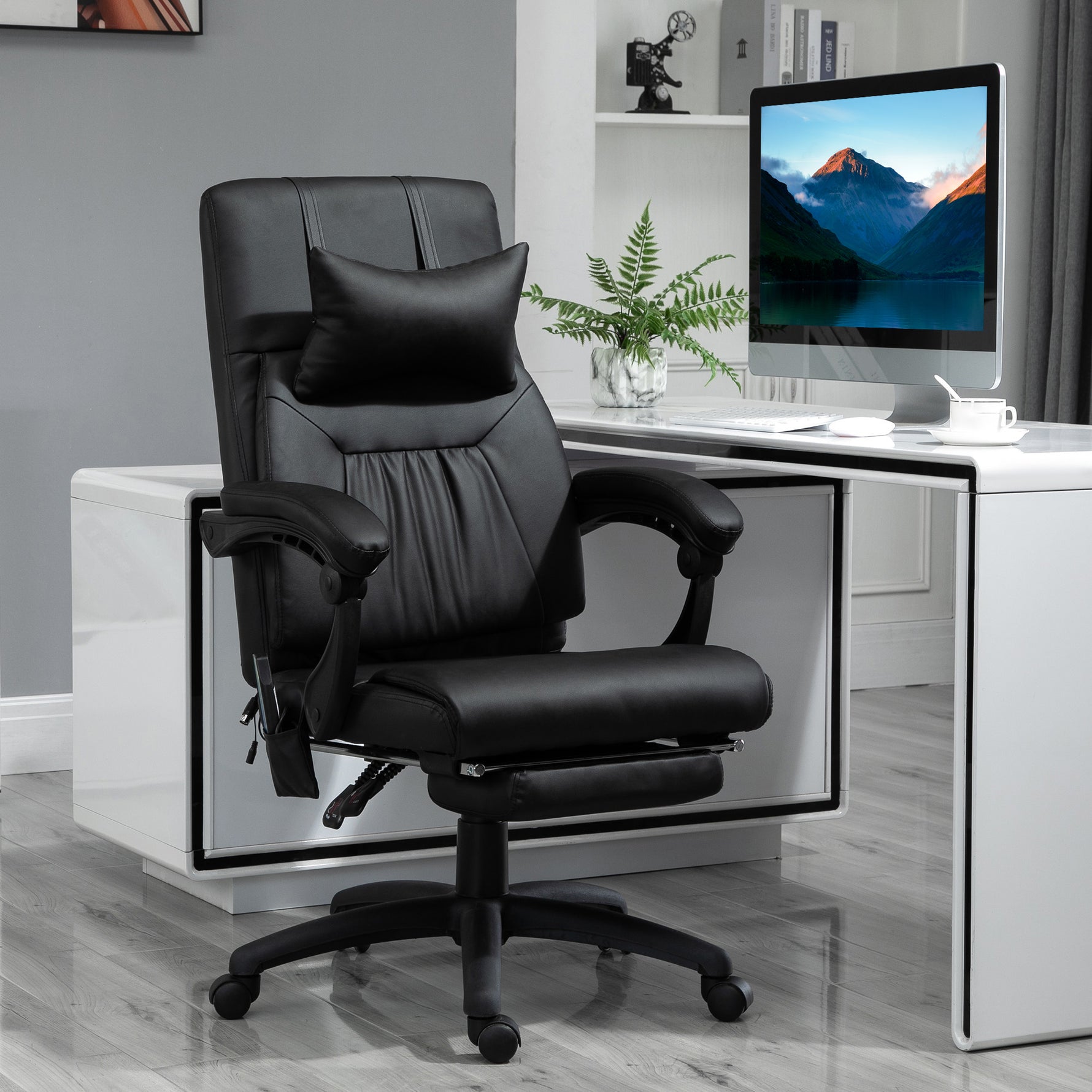 Fauteuil de bureau manager massant repose-pied + tétière intégrés dossier inclinable hauteur réglable 68 x 79 x 104-112 cm noir
