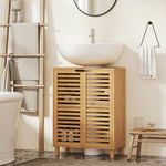 Meuble sous Lavabo en Bambou, Meuble de Salle de Bain avec 2 Portes Persiennes, Étagère Réglable, Bois Naturel