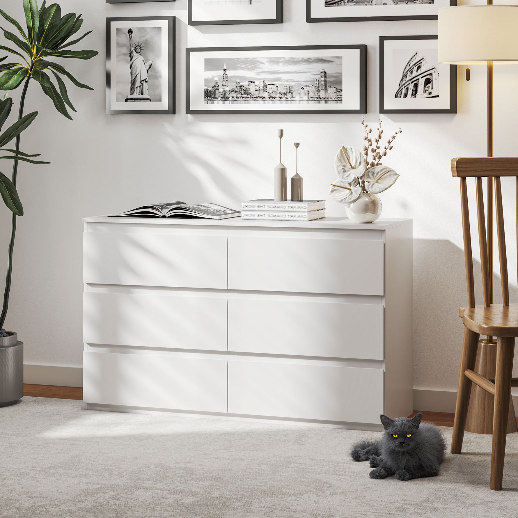 Commode 6 tiroirs meuble de rangement sans poignées design minimaliste 120 x 39 x 75 cm blanc