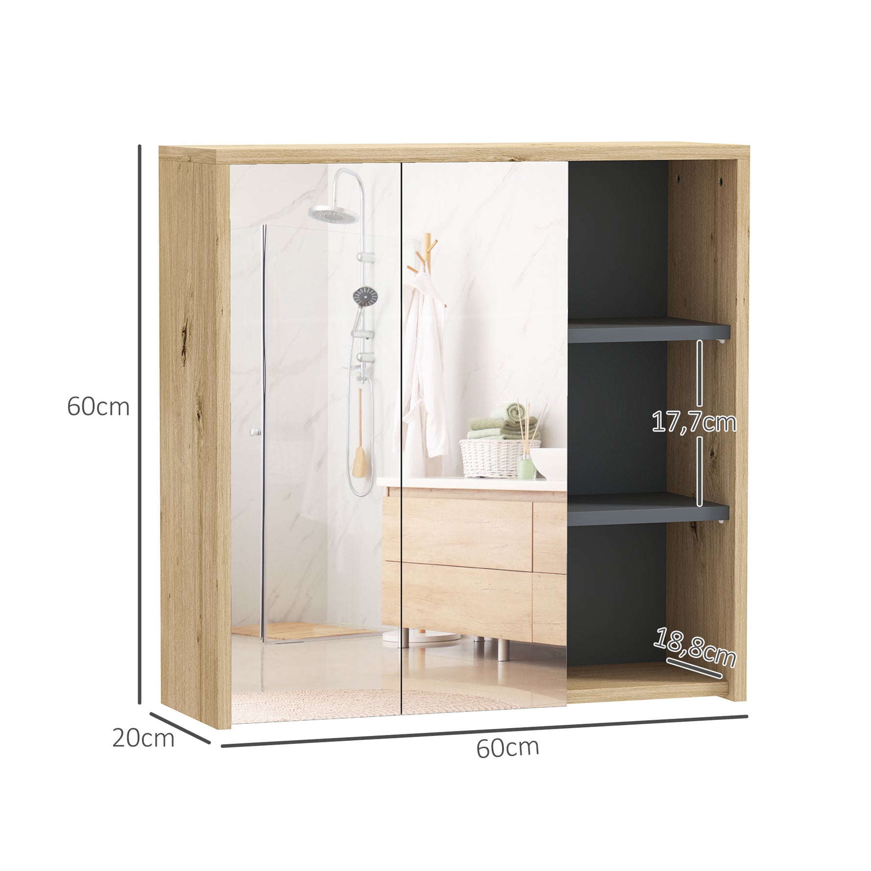 Armoire de salle de bain avec miroir armoire de toilette miroir mural 3 étagères ouverts 60 x 20 x 60 cm bois naturel