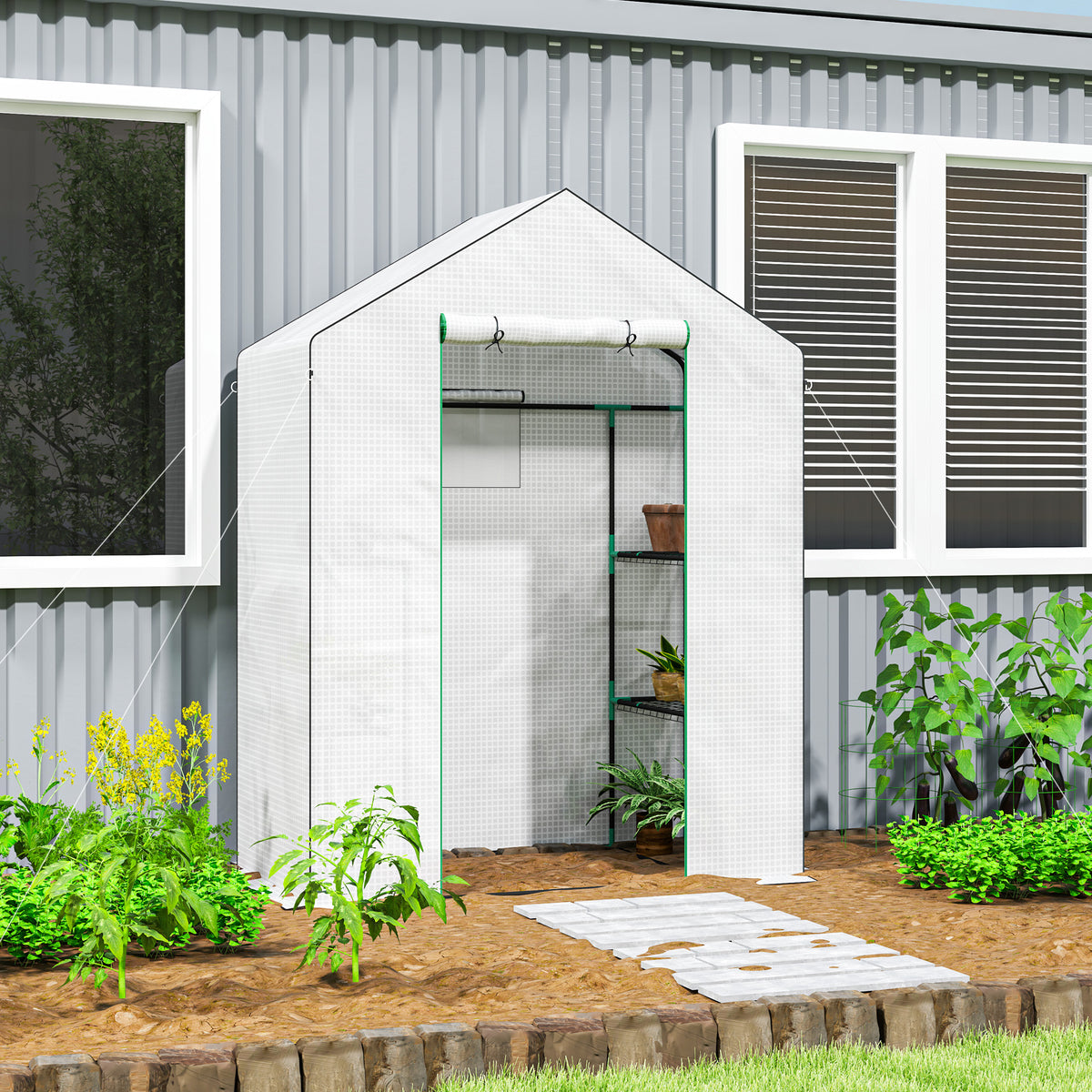 Serre de jardin avec 1 porte 1 fenêtre étagères 3 niveaux pour Légumes Plantes Fleurs Bâche PE 143 x 74 x 190 cm blanc