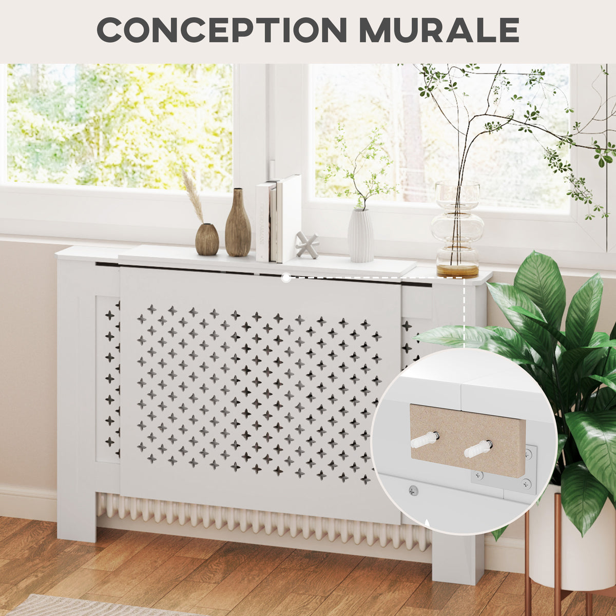 Verstelbare radiatorombouw modern design, uitschuifbare lengte 136-200 x 21,5 x 91,7 cm, wit