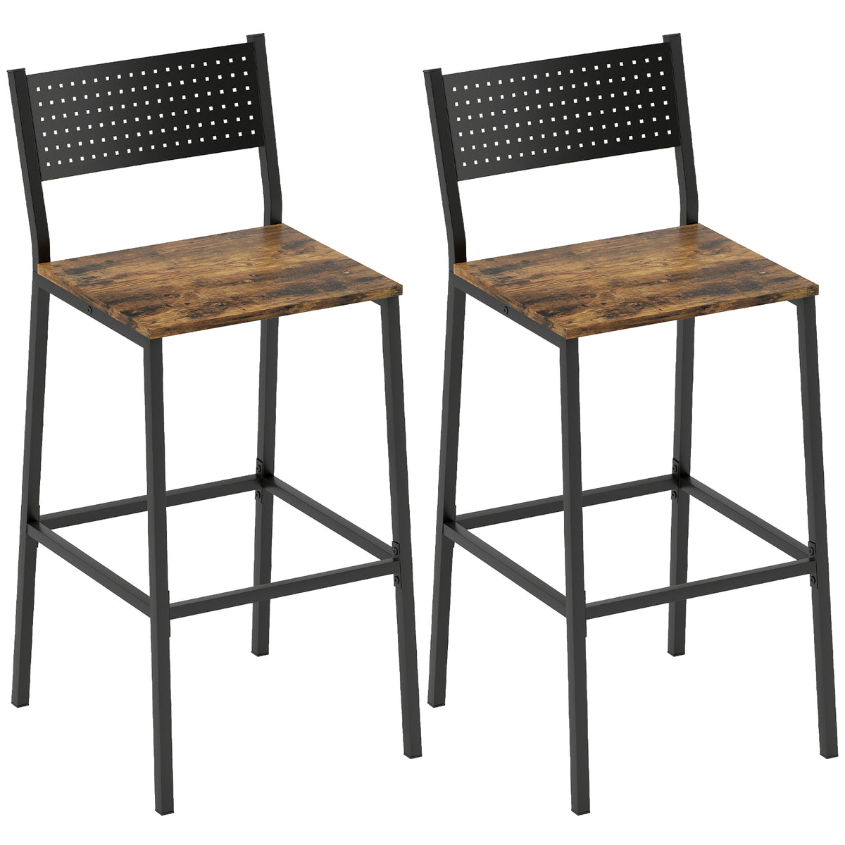 Lot de 2 tabourets de bar, chaises de bar, assise 72,5H cm, dossier et repose-pieds, pieds en métal, brun rustique