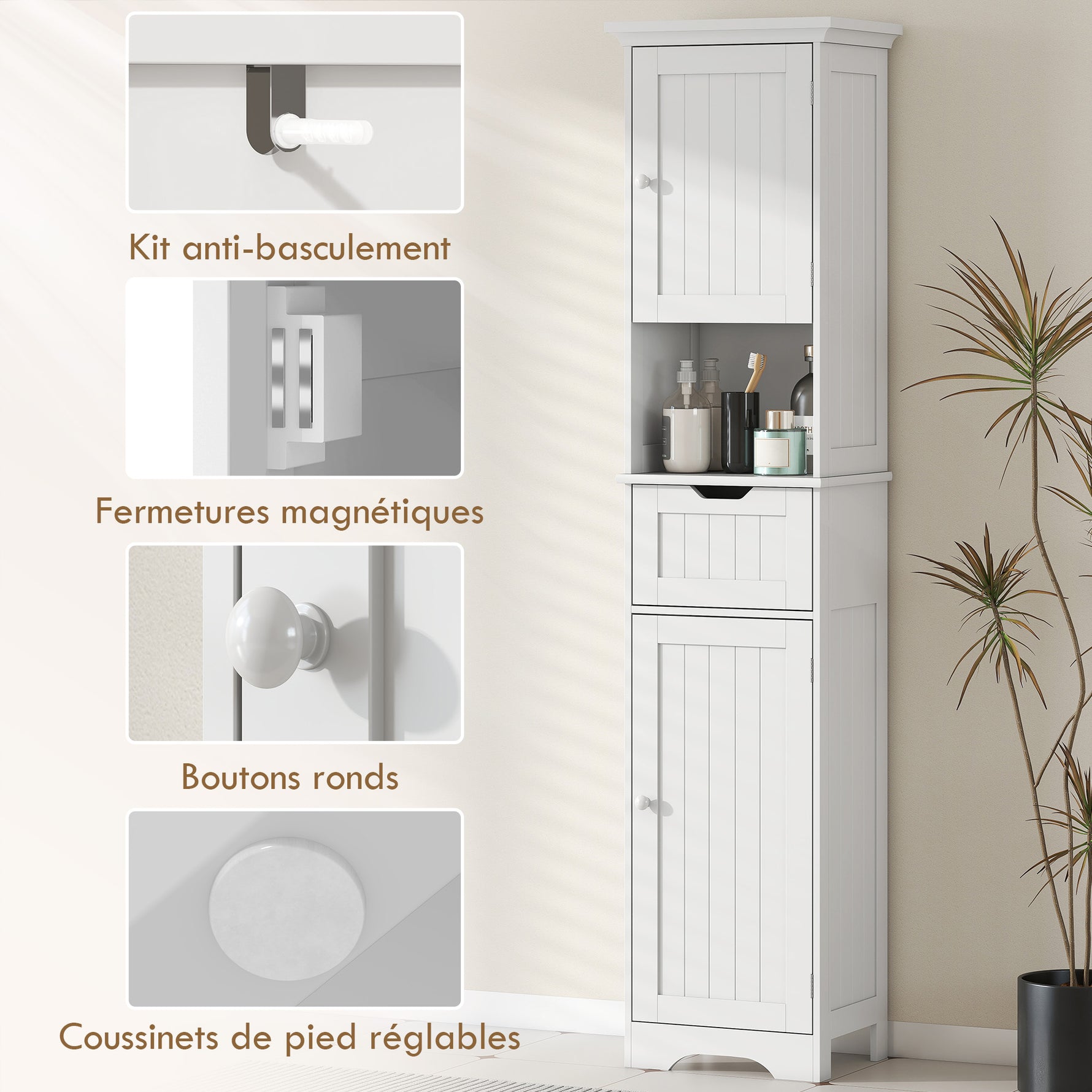 Meuble colonne salle de bain avec éclairage LED, meuble de rangement étroit, tiroir, 2 portes, 40x30x170cm, blanc