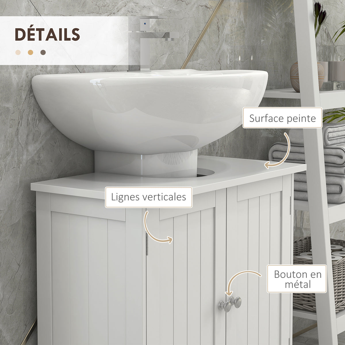 Meuble sous lavabo, meuble de salle de bain placard à 2 portes, étagère réglable, anti-humidité, 60 x 30 x 60 cm, blanc