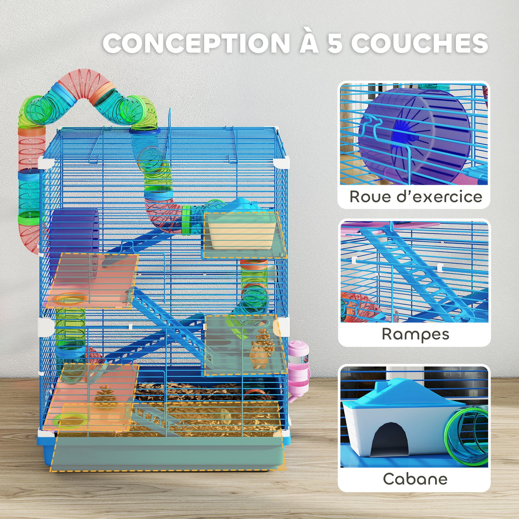 Cage pour hamster rongeur 4 étages avec tunnels mangeoire roue maison échelles 46 x 30 x 58 cm bleu