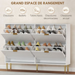 Meuble à chaussures 20 paires avec 4 tiroirs rabattables, portes cannelées et étagères réglables, 105x24x91,5cm, blanc