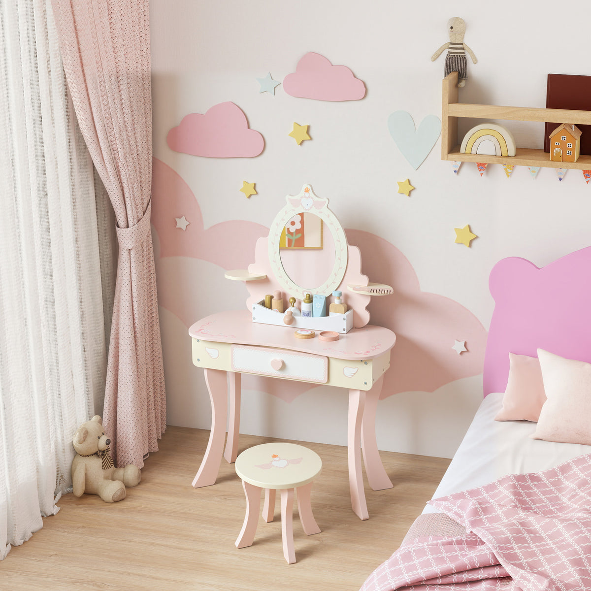 Coiffeuse enfant fille table de maquillage 2 en 1 avec 7 accessoires de jeu miroir en acrylique 59,8x29,6x89,8cm rose