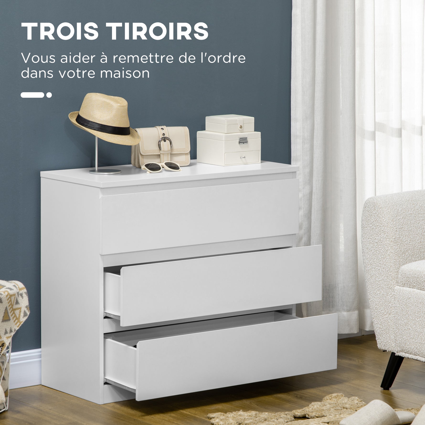 Commode 3 tiroirs, Meuble de rangement épuré pour chambre, intérieur, 80l x 39P x 73H cm