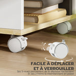 Meuble TV avec roulettes 120 cm, meuble télé pour téléviseur jusqu'à 55 pouces, 2 étagères ouvertes, blanc et naturel