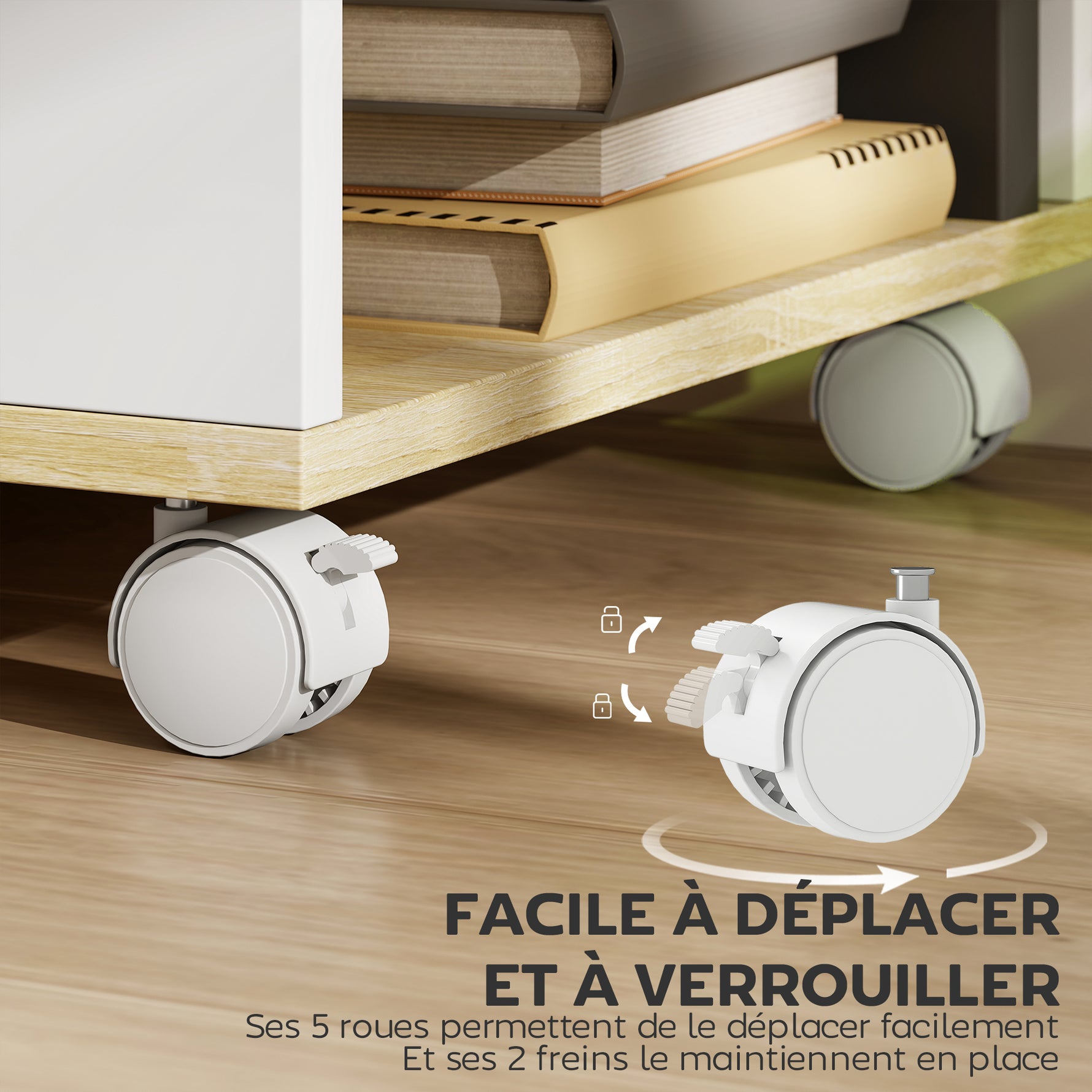 Meuble TV avec roulettes 120 cm, meuble télé pour téléviseur jusqu'à 55 pouces, 2 étagères ouvertes, blanc et naturel