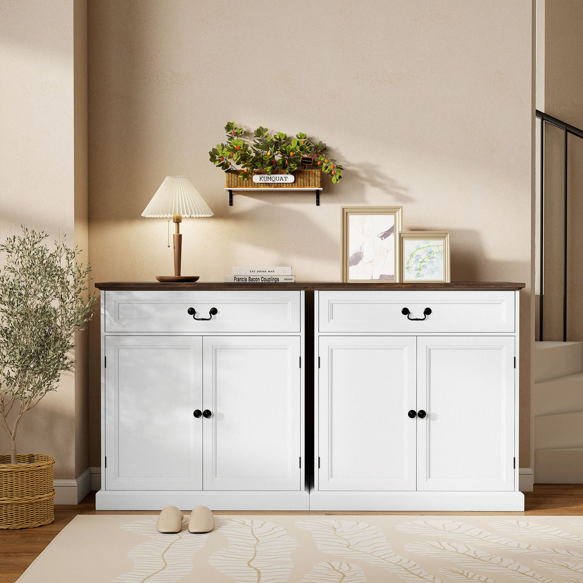 Credenza da soggiorno, mobile contenitore con 2 ante, cassetto silenzioso, ripiano regolabile, 80x40x85cm, bianco e marrone