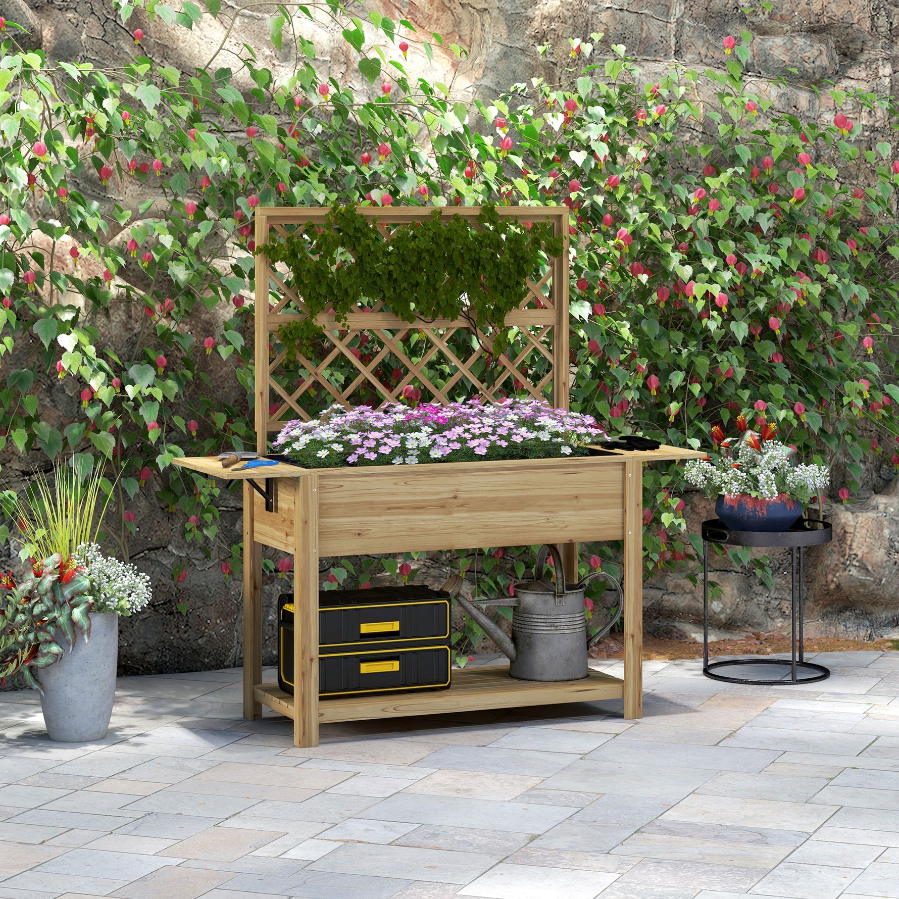 Jardinière rectangulaire sur pieds avec treillis 2 tablettes latérales rabattables 1 étagère inférieure bois