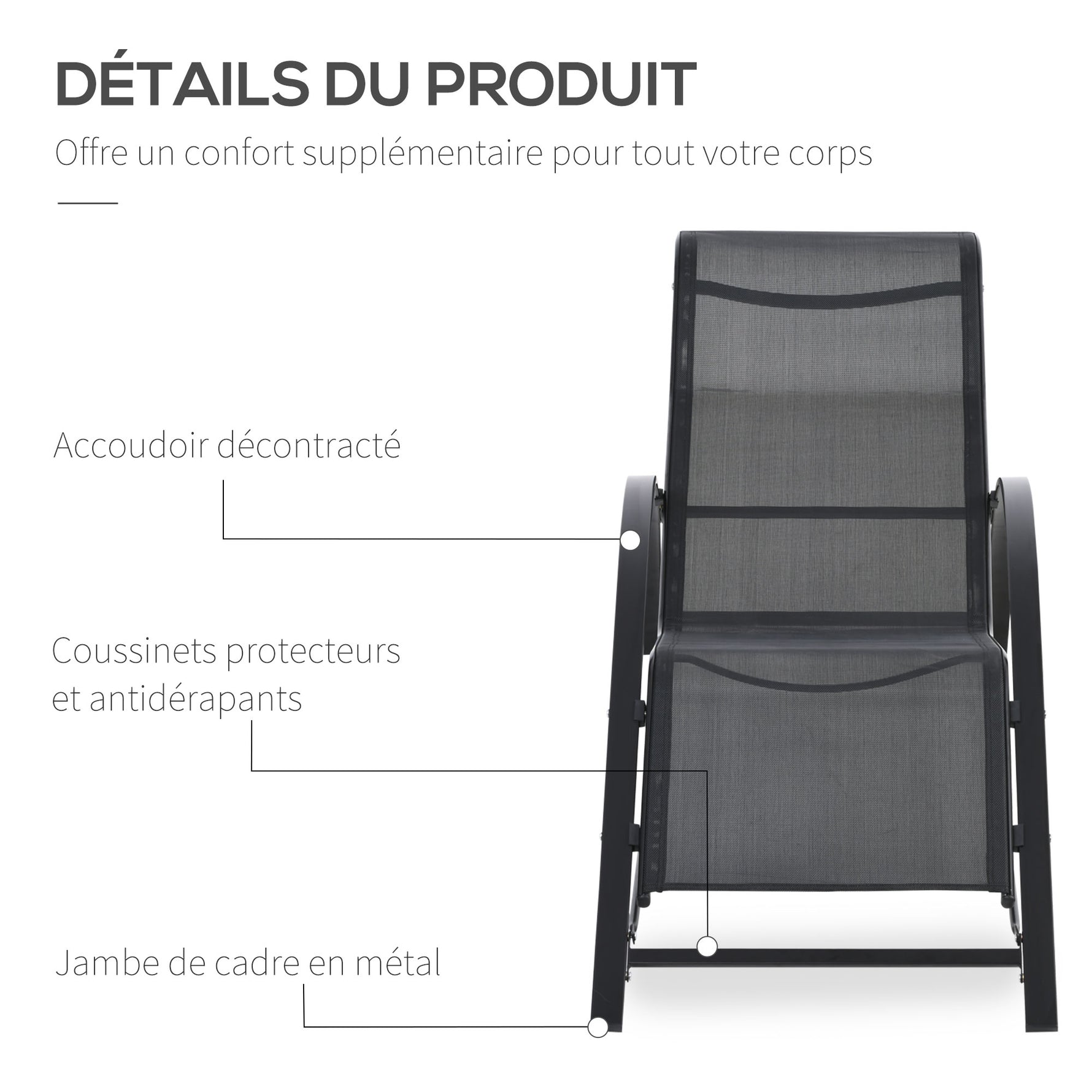Lot de 2 bains de soleil chaise longue design contemporain table basse plateau verre trempé métal époxy textilène noir