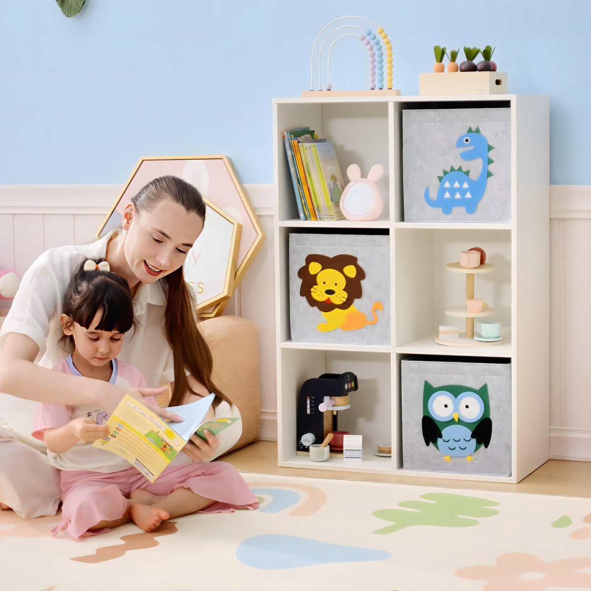 Meuble étagère bibliothèque 6 cases 3 cubes paniers en tissu motif animaux pour chambre enfant 62 x 30 x 91,5 cm blanc