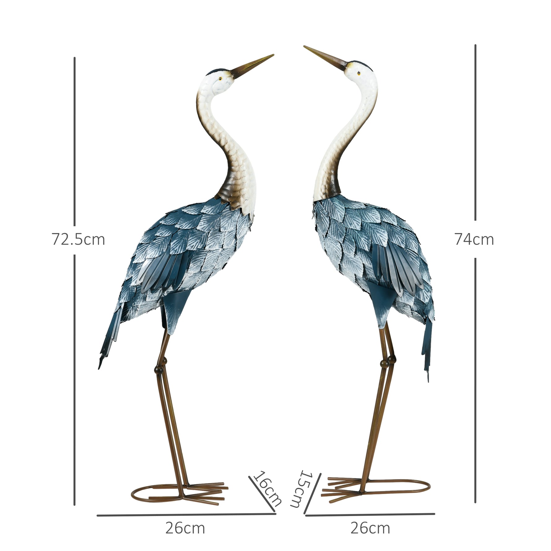Lot de 2 statues de jardin sculpture de la grue décoration d'oiseau extérieure acier pour terrasse balcon cour pelouse
