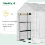 Serre de jardin PE avec étagères 2 niveaux, serre de balcon, bâche renforcée 140 g/m², châssis en acier, porte zippée enroulable, pour légumes plantes fleurs, 143x143x195cm, blanc