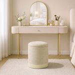 Opbergpoef, ronde hocker van chenille, voetenbankje met metalen onderstel in houtlook, beige