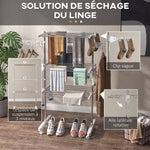 Étendoir à Linge 3 Niveaux, Sechoir a Linge avec 6 Roulettes, Pliable, Cadre en Acier Inoxydable et Ailes Latérales, pour Intérieur Extérieur, 142 x 55 x 152 cm, Blanc
