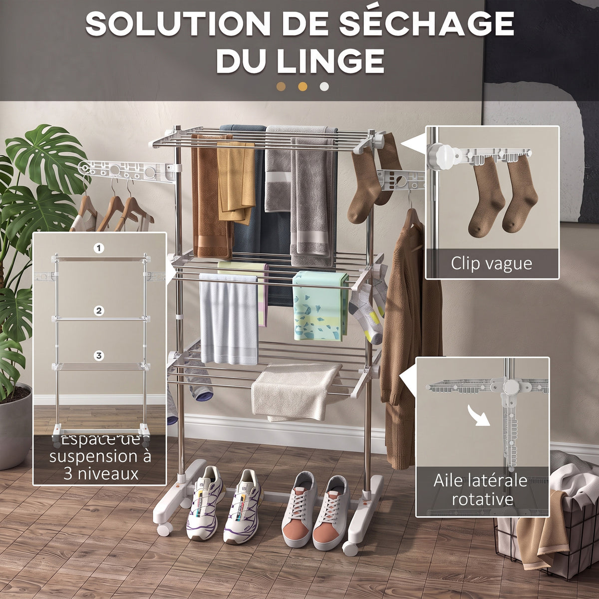 Étendoir à Linge 3 Niveaux, Sechoir a Linge avec 6 Roulettes, Pliable, Cadre en Acier Inoxydable et Ailes Latérales, pour Intérieur Extérieur, 142 x 55 x 152 cm, Blanc