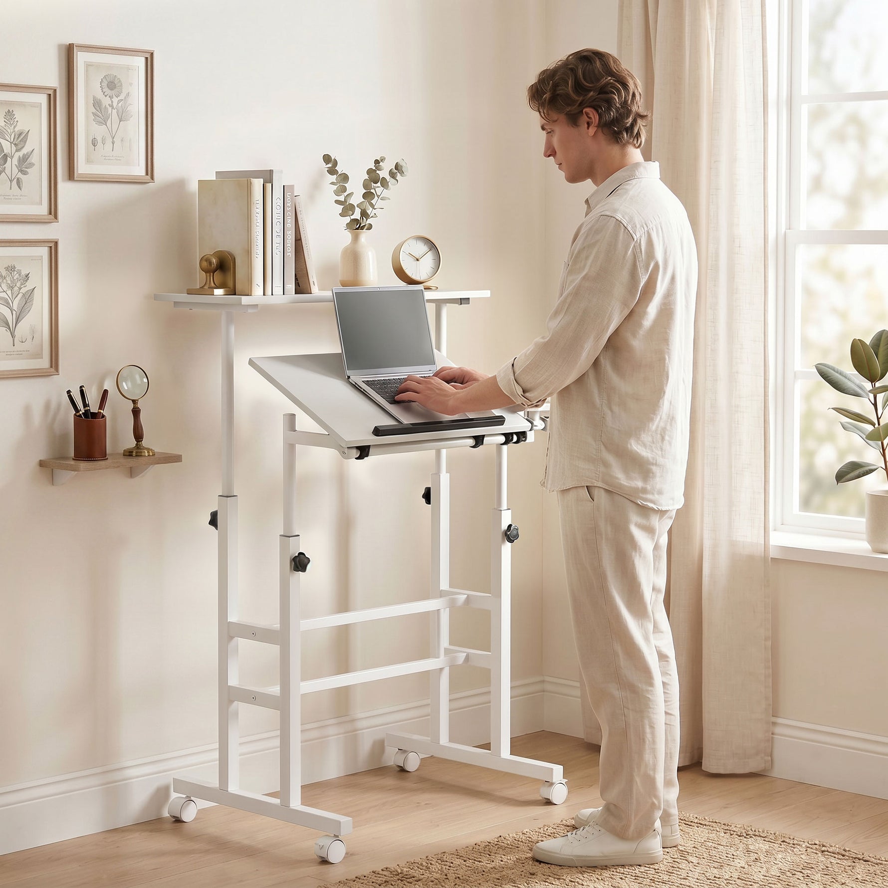 Bureau Assis-Debout, Bureau Réglable en Hauteur 70 x 60 cm, à Roulettes avec Plateau Inclinable, 70x60x70,5-120cm, Blanc