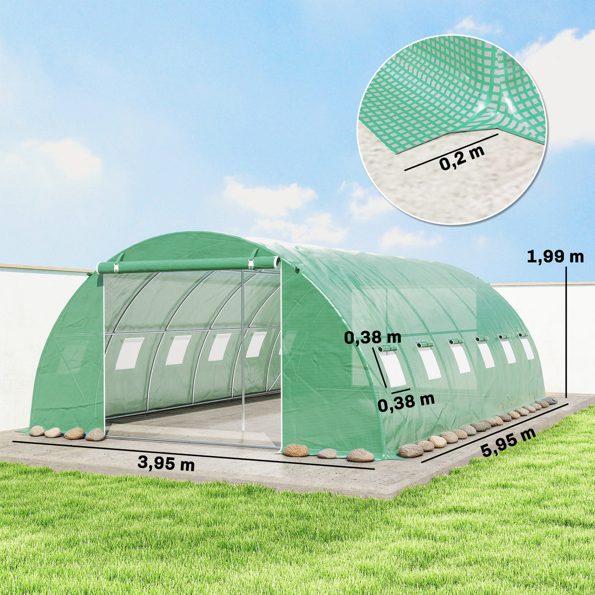 Serre Tunnel de Jardin Serre Maraîchère Acier Galvanisé Ø25mm et Structure Renforcée 395x595x199cm Vert