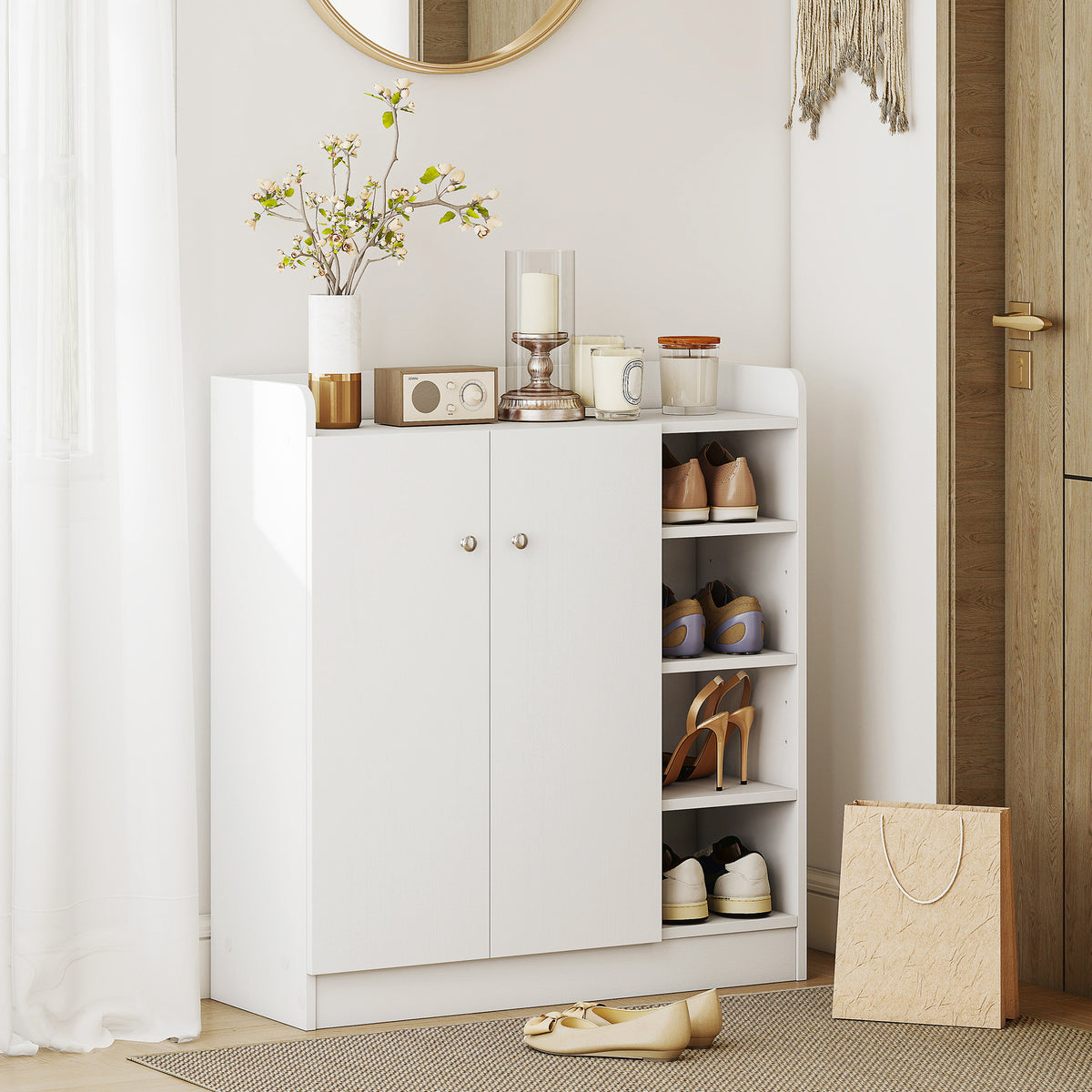 Meuble de rangement à chaussures pour entrée 12 paires - armoire à chaussures avec 4 compartiments ouverts et placard double porte - étagère réglable - 83L x 30l x 90H cm - blanc